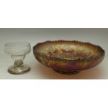 A carnival glass shallow bowl decorated with dragons and roses and a 19th Century etched glass (2)