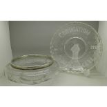 A cut glass fruit bowl and a George VI Coronation glass dish,