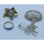 Three silver brooches and an 800 silver and enamel ring set with a pearl,