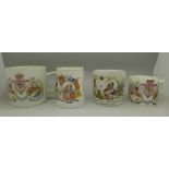 Four commemorative mugs; two Edward VII and two George V,