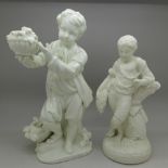 A Parian figure of a boy holding a sheaf of corn and a glazed Parian figure of a boy holding a