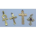 Three 9ct gold cross pendants and a yellow metal pendant, (4), 7.