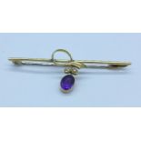 A 15ct gold, amethyst and seed pearl bar brooch, cased, 1.