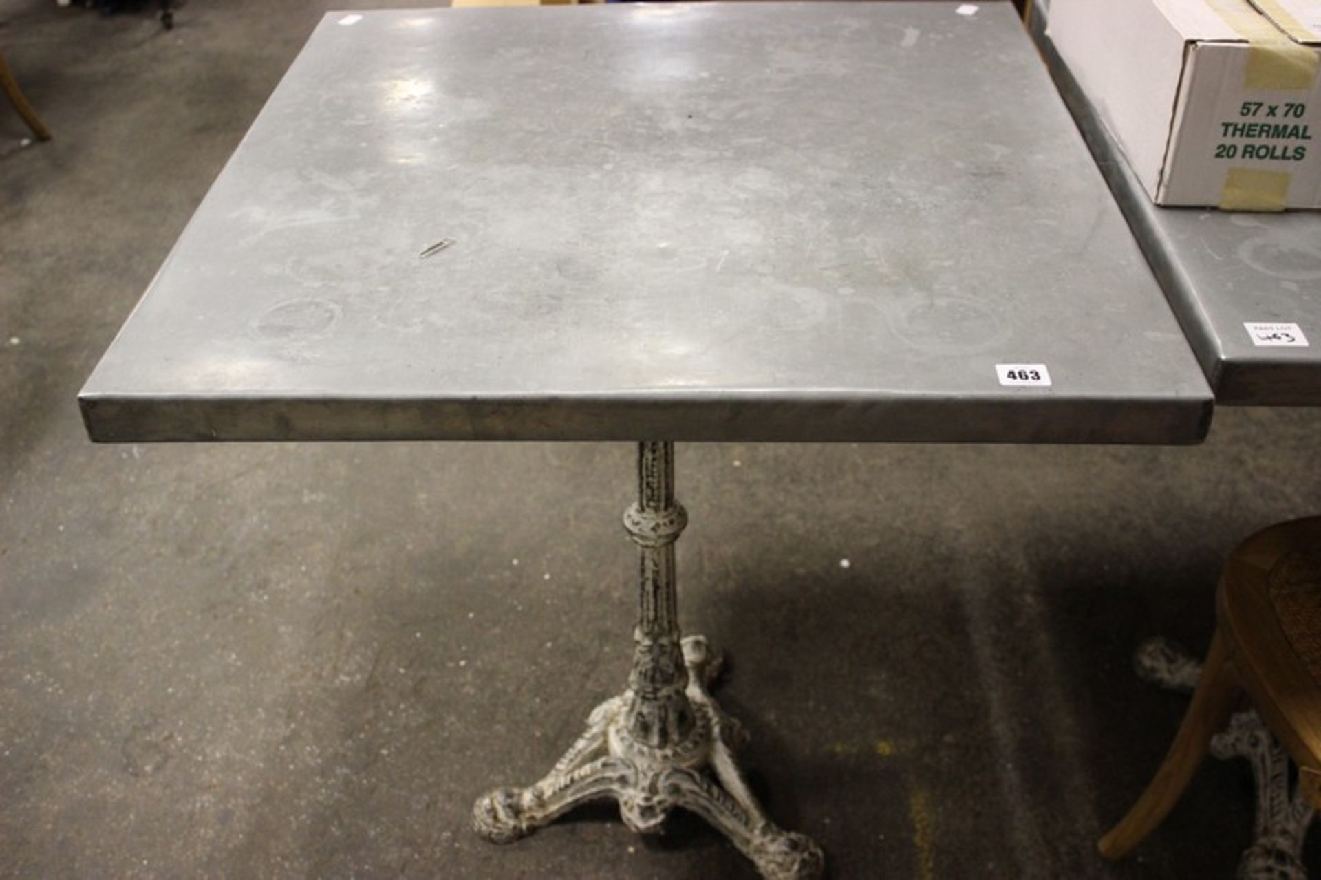 Two restaurant style square tables with aluminium top and cast iron base.