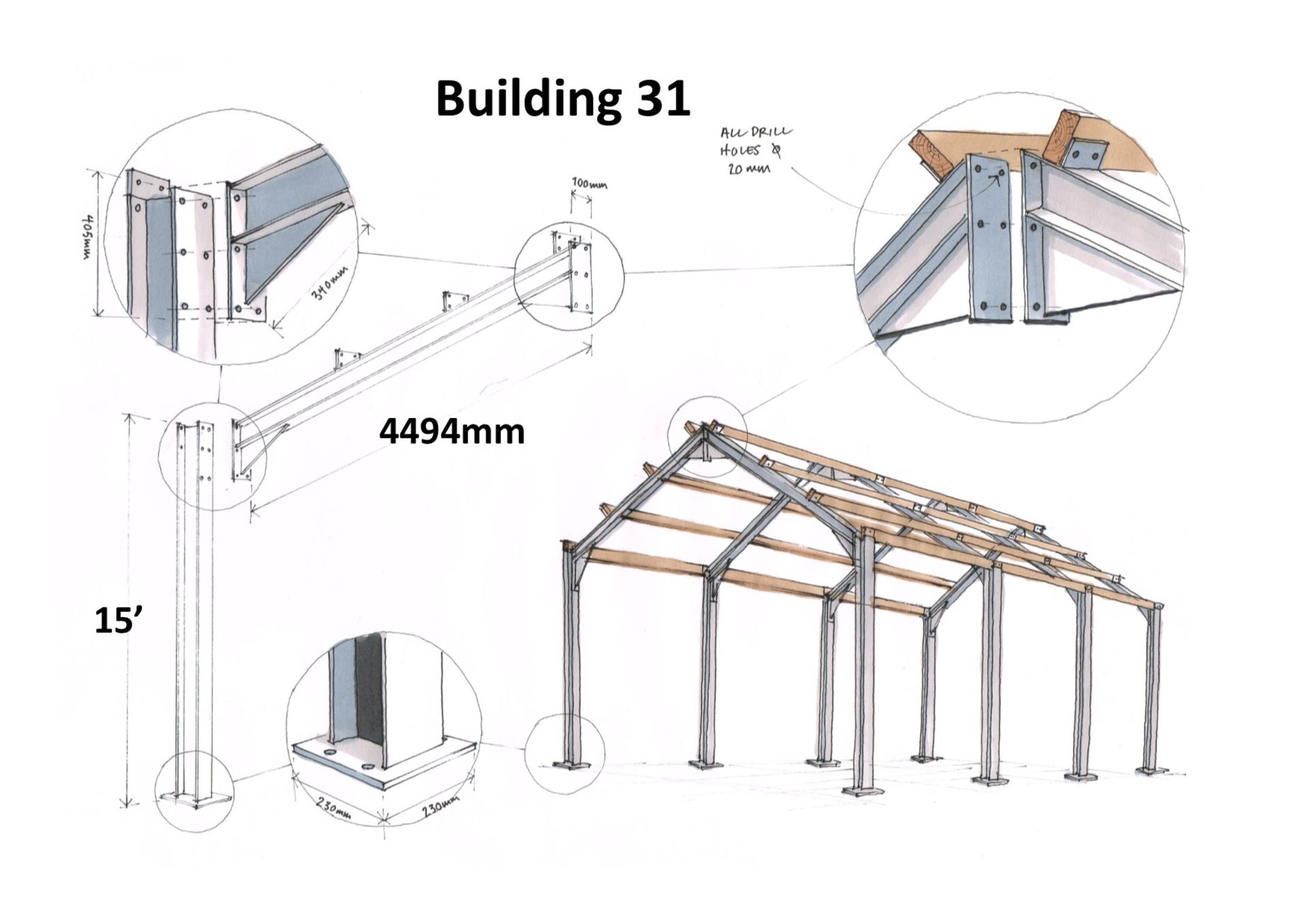 Apex Steel Framework on 15ft bays, with Purlins and Fixings. 75ft long x 30ft wide x 15ft @ eaves - Image 9 of 10