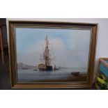 English School, Maritime scene with tall ships and a harbour in the distance, oil on canvas,