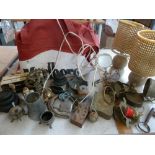 A box of miscellaneous brass items to include silver plated condiment pots,