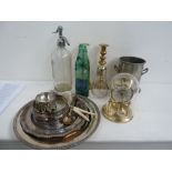 A mixed lot to include two silver plated salvers, two silver plated wine coasters, a pewter bucket,