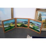 A stained glass tryptic of stylized landscape with fields, framed,