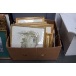 A collection of framed pictures and prints including two watercolours by E.