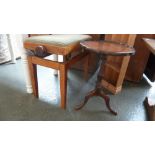 A 20th century adjustable oak music stool with green velvet seat together with an Edwardian tripod