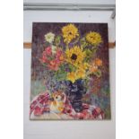 Georgie Proctor, Still life with sunflowers and chicken jug, oil on canvas, unframed,