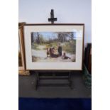 A vintage adjustable artists table top metal easel together with a framed Fred Morgan print (2)