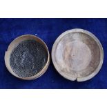 A Continental elm dairy bowl and an early 20th century petit pois grading sieve 44cmD
