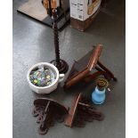 A mixed box of wooden hanging shelves/brackets with a turned lamp base together with a selection of