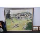 A original framed oil painting on canvas of an English country garden scene with a mother and child