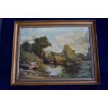 An oilograph of a pastoral scene with a shire horse pulling a canal boat in the foreground,