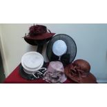 Mixed box of five occasion hats - all new - labelled 'Mad Hatters', 'Balfour' and 'Whiteley'.