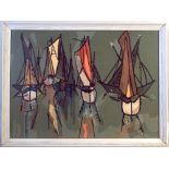 An abstract maritime scene of a regatta, embroidery, framed,