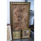 A quantity of framed embroidery samplers of various sizes including village scenes and courting