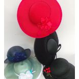 A selection of hats, five in total in hat boxes. Three straw Summer hats and two Autumn/Winter.