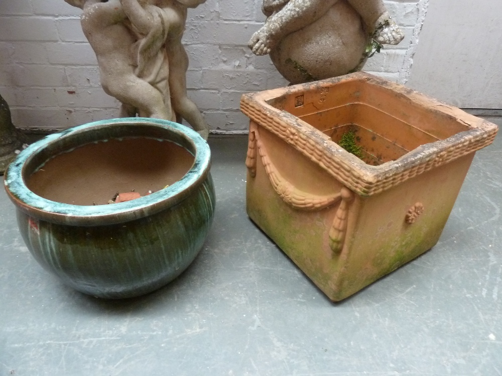 A square terracotta planter 37cm square x 33cm H together with a glazed ceramic planter,