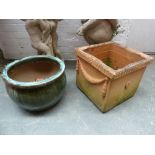 A square terracotta planter 37cm square x 33cm H together with a glazed ceramic planter,