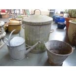 A vintage metal dust bin and lid together with a metal watering can and bucket (3)