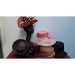 Mixed box of five occasion hats - all new - labels include 'Mad Hatters' and 'Whiteley'.