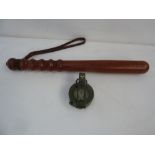 Military prismatic marching compass by Stanley of London ex-MOD and a wooden Police truncheon with