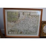 A framed reproduction map of Dorset by Jodocus Hondius