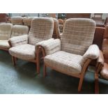 A pair of Ercol light elm button back armchairs with checkered oatmeal fabric