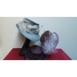 Mixed box of six occasion hats, five brimmed and one fascinator style, all new,