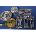 A set of silver plated fiddle, shell and thread pattern flatware, including knives,