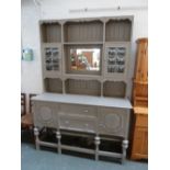 A painted pine dresser carved cornice with central mirror,