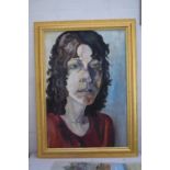 British School, Portrait of a lady with a red shirt, oil on canvas, framed,