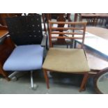 A teak mid century chair with bar back and cloth seat together with a modern adjustable office