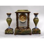 An early 20th century French bronze champleve enamel and green onyx garniture clock,