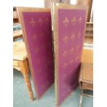 A three bay painted wooden screen in purple and gold with fleur de lis design