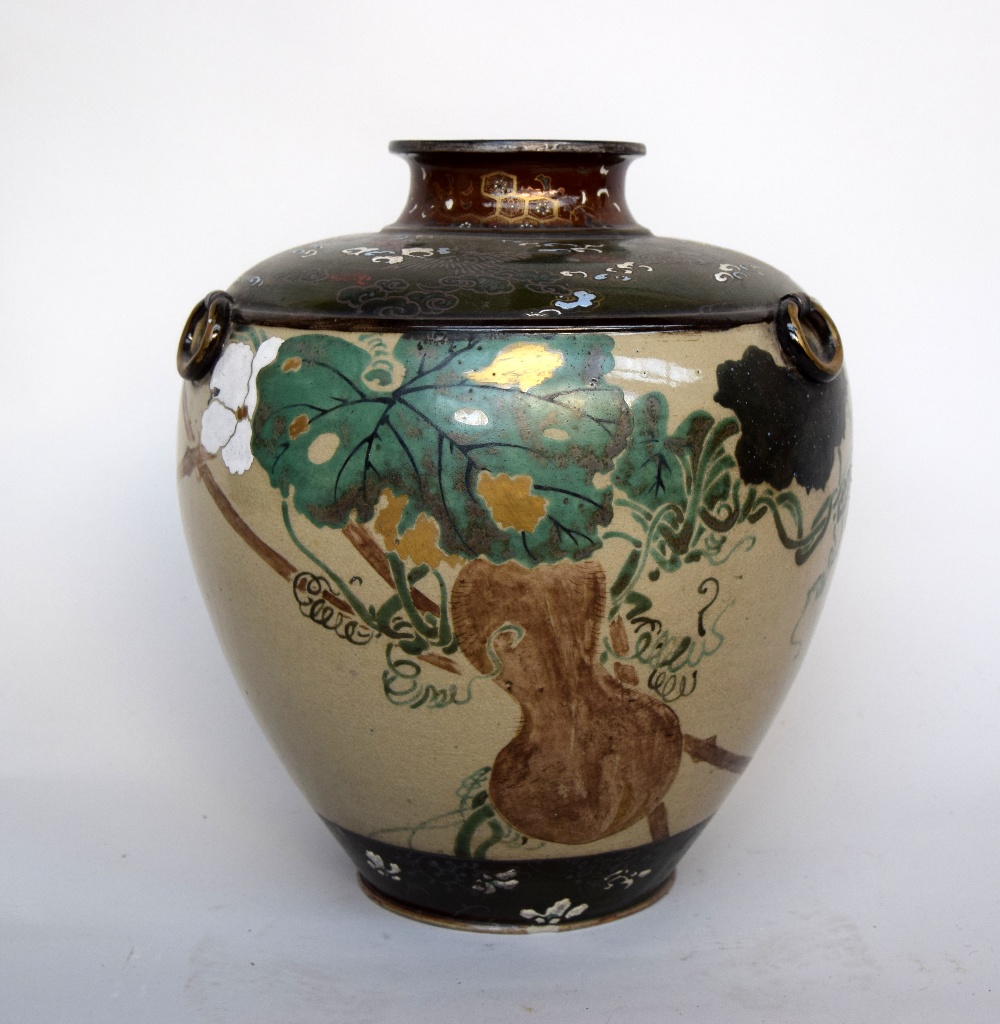 A Satsuma ovoid vase, Meiji period decorated with gourds and tendrils, gilt enriched,