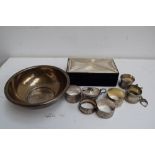 A silver mounted card box, mustard pot, six napkin rings,