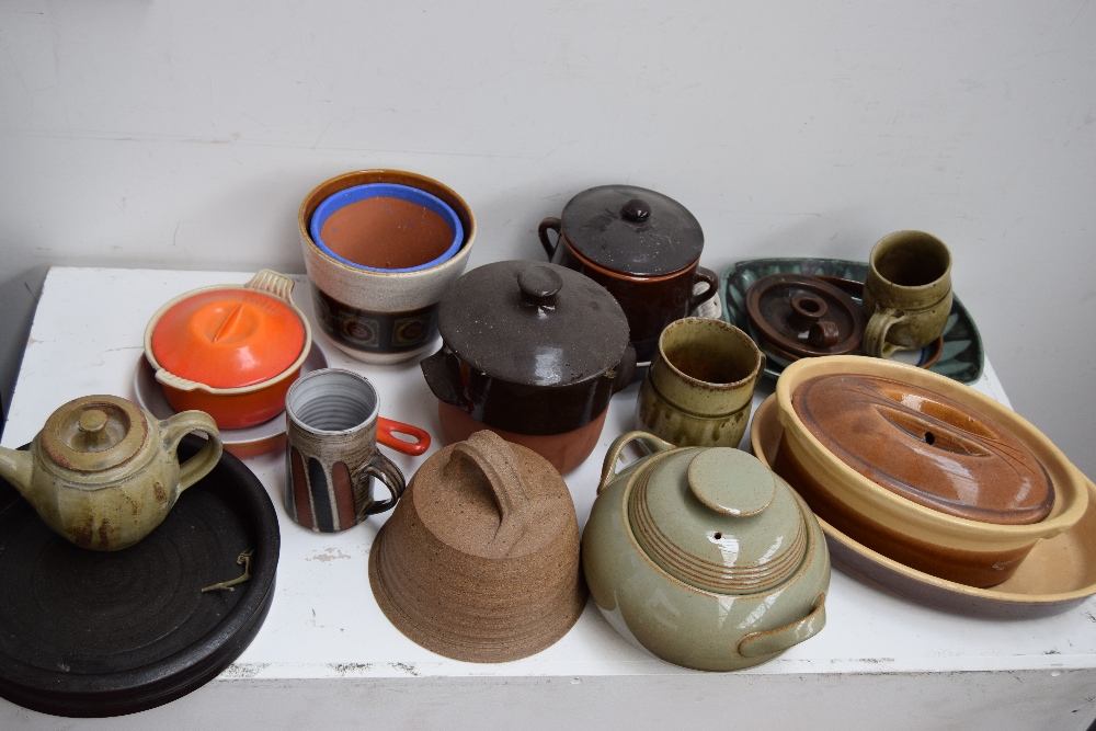 A quantity of stoneware including Denby, Grindon, Portugese pottery, Royal Barum Ware, T.