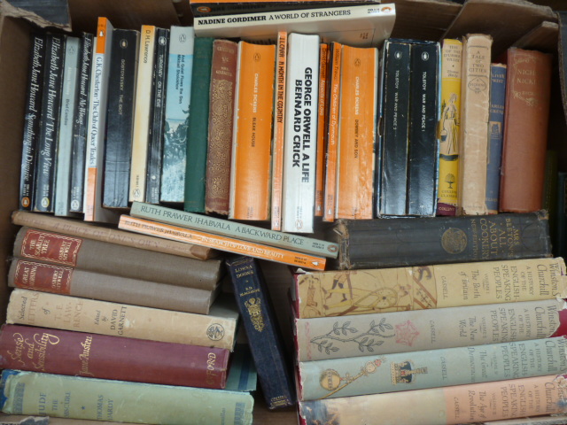 A box of vintage Penguin books together with works by Thomas Hardy, Jane Austen,