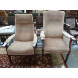 A Parker Knoll armchair with grey textured upholstery with back/head rest together with a smaller
