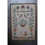 A sampler embroidered trees, birds and flowers by Marion Ron dated 1939,