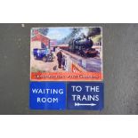 Three railway related vintage signs including 'To the Trains' 'Waiting Room' and 'Train spotting