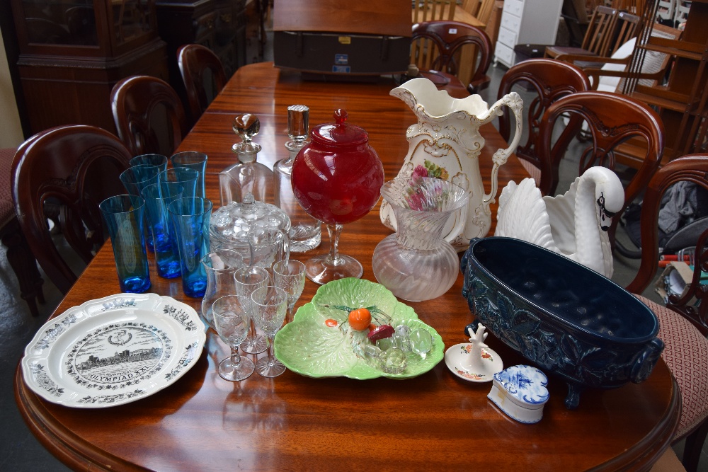 A quantity of china and glassware including Holkham Pottery, two decanters and stoppers,