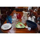 A quantity of china and glassware including Holkham Pottery, two decanters and stoppers,