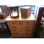 A pine box and small circular side table with undershelf 35cmD together with a pine chest of