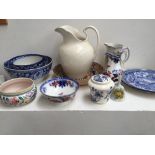 A selection of china including a Regency pearlware blue and white bowl, a Wedgwood cream water jug,